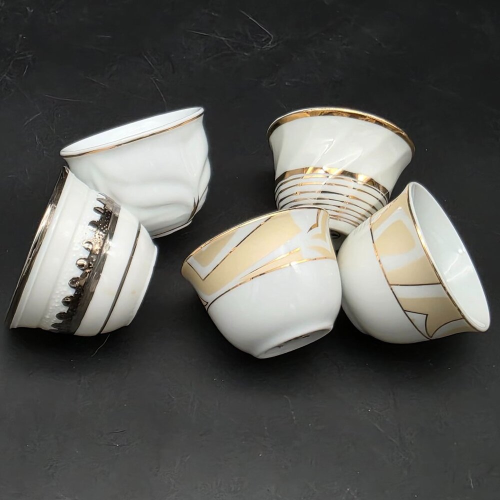 Sake or Tea Cups White Gold & Silver Trim Lot of 5 Mis-matched 1.5"